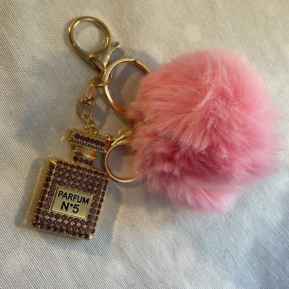 NEW PINK Pom with Rhinestone perfume charm luxury style keychain Barbie - Picture 3 of 5
